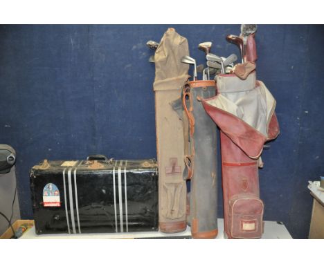 COLLECTION OF VINTAGE GOLFING EQUIPMENT to include three vintage golf bags with Harold foreman along with three vintage hicko