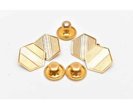 A PAIR OF 18CT GOLD DRESS STUDS AND 9CT GOLD CUFFLINKS, two plain polished yellow gold dress studs, hallmarked 18ct Birmingha