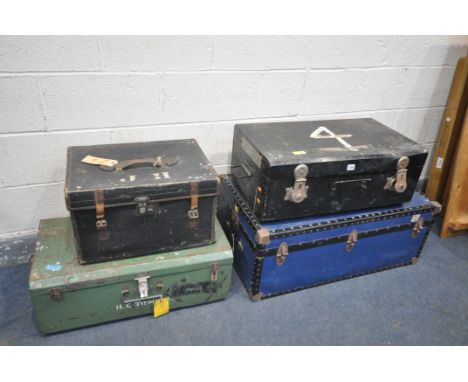 A VINTAGE BLUE FINISH TRAVELLING TRUNK, two metal storage trunks and a canvas and leather trunk (condition:-all cases with im