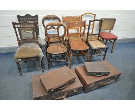 A SELECTION OF CHAIRS, to include a pair of mahogany chairs, a pair of oak balloon back chairs, five other chairs, along with