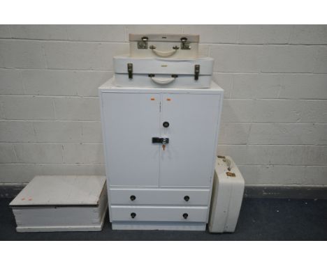 A WHITE PAINTED TWO DOOR CUPBOARD, with two long drawers, width 84cm x depth 47cm x height 125cm, a white painted storage che