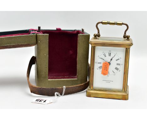 A CARRIAGE CLOCK WITH CASE, a brass carriage clock with glass viewing panels, white dial with Roman numerals, signed 'Jenner 
