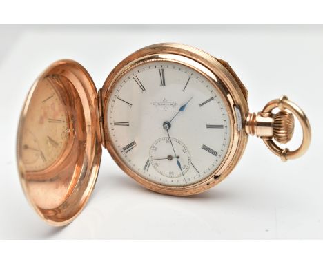 AN EARLY 20TH CENTURY 18CT GOLD ELGIN POCKET WATCH, keyless wind, outer case with engraved scene to front and back, with a va