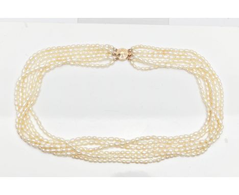 A CULTURED FRESHWATER PEARL NECKLACE, multi strand pearl necklace, six strands of oval pearls, each measuring between approxi