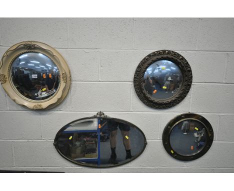 A SELECTION OF VARIOUS MIRRORS, comprising an oval mirror with brass frame, an Atsonea cream French circular convex wall mirr