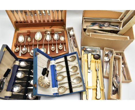 A LARGE ASSORTMENT OF CUTLERY SETS, to include two cased full sets of seven serving spoons, a cased 'E.A Griffith &amp; Son' 