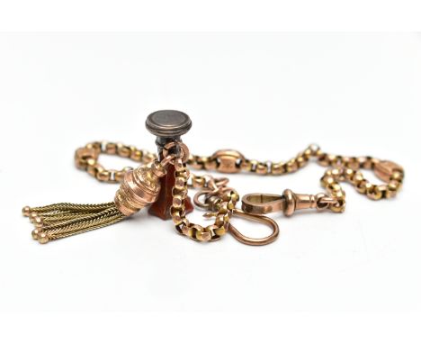 A GOLD PLATED ALBERTINA WITH FOB SEAL, faceted gold plated belcher link bracelet interspaced with engraved star oval spacers,