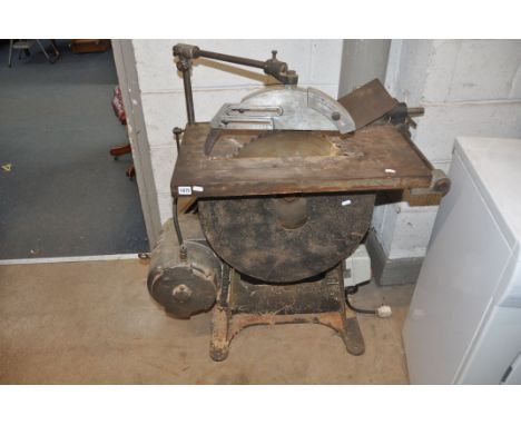 A VINTAGE COWARDS OF STOKE GIFFARD TABLE SAW with cast iron table, 16in blade, a Newman 240v motor, belt driven, width 74cm d