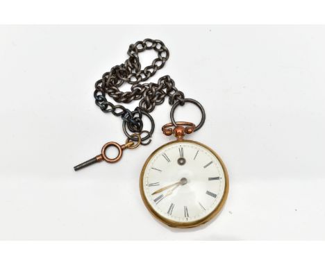 AN OPENFACE POCKET WATCH WITH ALBERT CHAIN, key winding, round white dial, Roman numerals, gold tone hands, within a polished