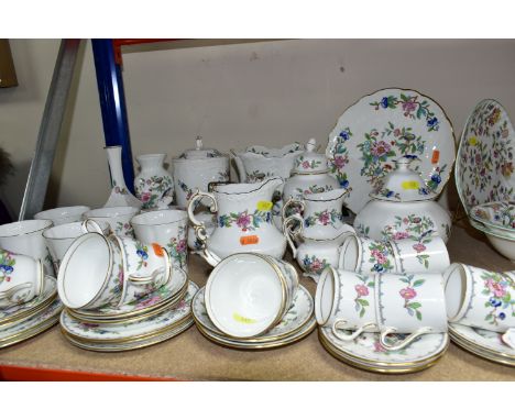 AN AYNSLEY 'PEMBROKE' PATTERN PART TEA AND COFFEE SET WITH TRINKET DISHES, VASES, POTS ETC,  comprising  six coffee cans (mar