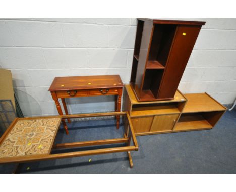 A MID CENTURY TEAK STEPPED MEDIA CABINET, length 133cm x depth 40cm x height 62cm, a G Plan tile top coffee table (missing gl