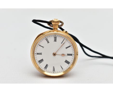 A CASED YELLOW METAL OPEN FACE POCKET WATCH, keyless winding pocket watch, white dial, Roman numerals, gold tone hands, engin