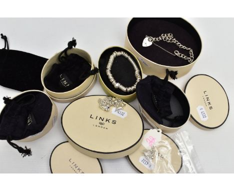 TWO LINKS OF LONDON BRACELETS AND A NON DESIGNER SILVER CURB LINK BRACELET AND WHITE METAL PENDANT, to include a Links of Lon