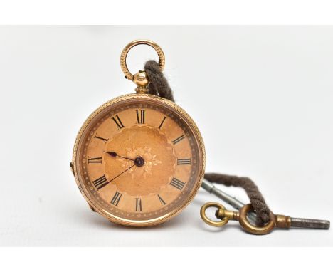 A YELLOW METAL OPEN FACE POCKET WATCH, key wound pocket watch, round gold floral detailed dial, Roman numerals, within a flor