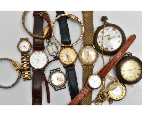 A SELECTION OF WATCHES, POCKET WATCHES AND WATCH HEAD, to include a 'Smiths' wristwatch, the circular dial with Arabic hourly
