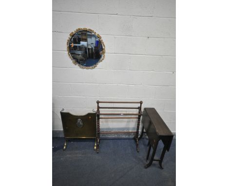 A VICTORIAN MAHOGANY TOWEL RAIL, with barley twist supports, an Atsonea circular gilt framed bevel plate wall mirror, a brass