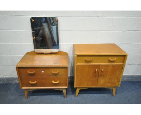 A MID CENTURY G PLAN BRANDON OAK DRESSING CHEST OF TWO DRAWERS, with a single mirror, width 76cm x depth 47cm x height 129cm 
