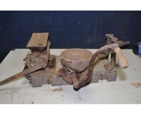 TWO VINTAGE FOOD MINCERS/CRUSHERS ON WOODEN BASE marked with W.Tamlin of Twickenham London and A.H.PATCH tenn