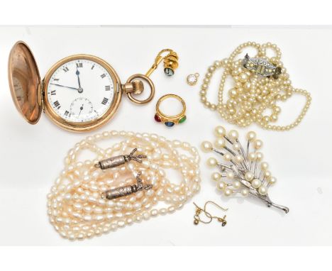 A SELECTION OF MAINLY COSTUME JEWELLERY AND A GOLD PLATED POCKET WATCH, to include a yellow metal mosaic opal tie pin, a thre