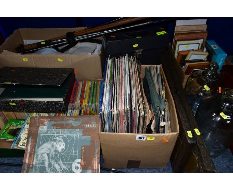 FOUR BOXES AND LOOSE CHILDREN'S BOOKS, RECORDS, PHOTOGRAPH FRAMES, TWO GLASS DEMI JOHNS, BRASS WALL PLAQUES, ETC, including a