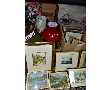 THREE BOXES OF FRAMED PRINTS AND HOUSEHOLD SUNDRIES, to include over twenty small framed prints, a brass school bell, a brass