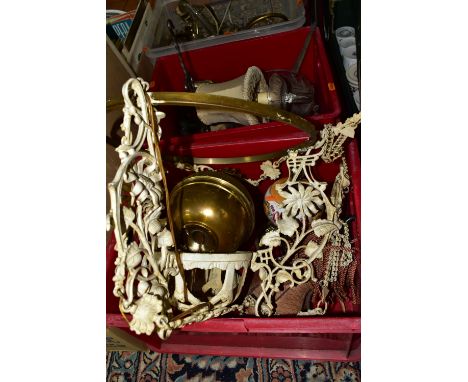 THREE BOXES OF LAMPS AND CEILING LIGHTS, to include  a pair of crystal wall lights, a 1930's hexagonal brass ceiling rose, a 