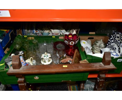 THREE BOXES OF 19TH AND 20TH CENTURY CERAMICS AND GLASSWARE, TOGETHER WITH A WOODEN WALL HANGING PLATE RACK, the rack width 6