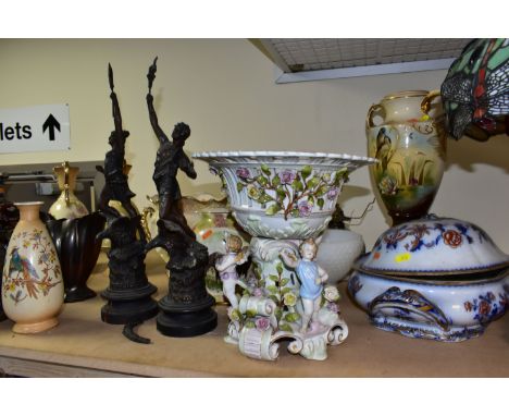 A GROUP OF VASES, A PLAUE CENTREPIECE, FIGURES, OIL LAMP AND SUNDRY ITEMS, to include a Plaue porcelain centrepiece basket mo