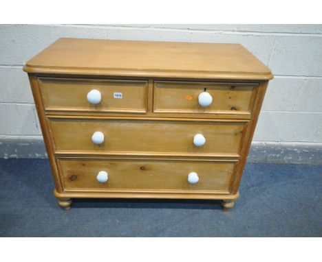 A 19TH CENTURY PINE CHEST OF TWO SHORT OVER TWO LONG DRAWERS, with ceramic handles, width 97cm x depth 47cm x height 80cm (co