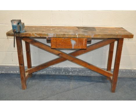 A PINE WORKBENCH WITH DRAW AND VICE along with a Clarke CDP101B pillar drill (not powering up) two vintage spirit levels, mar