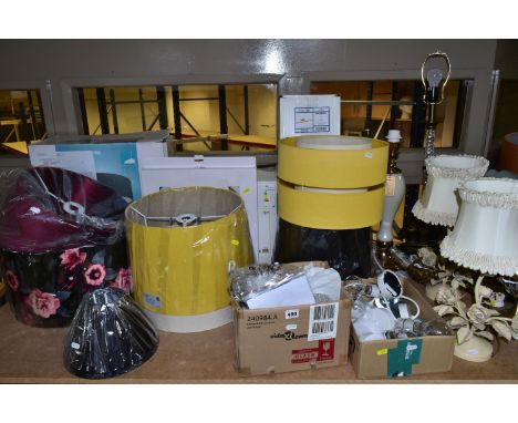 A GROUP OF MODERN LAMPS, LIGHT FITTINGS AND LAMP SHADES, mainly as new, to include nine table lamps of various styles, twelve