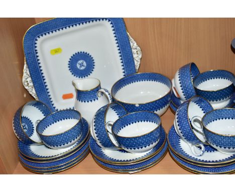 A TWENTY SEVEN PIECE WEDGWOOD LYNN Y6801 PART TEA SET, comprising a square twin handled cake plate, a cream jug, a sugar bowl