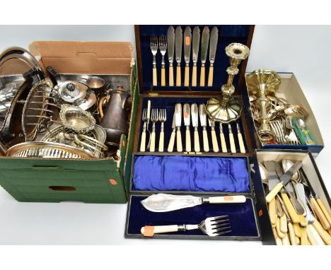 A BOX OF ASSORTED WHITE METAL AND CUTLERY, to include a pair of tall silver plated candle sticks, a white metal hot water jug