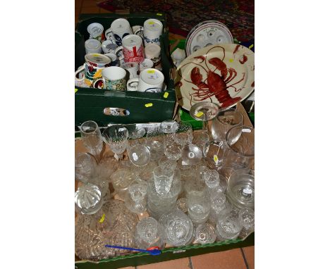 FOUR BOXES OF CERAMICS AND GLASSWARE, to include sixty five mugs comprising Royal Doulton 'Fable' range, Emma Bridgewater, Vi