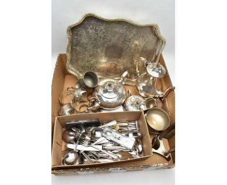 A BOX OF WHITE METAL WARE, to include a four piece EPNS tea service set comprising of a teapot, coffee pot, sugar bowl and mi