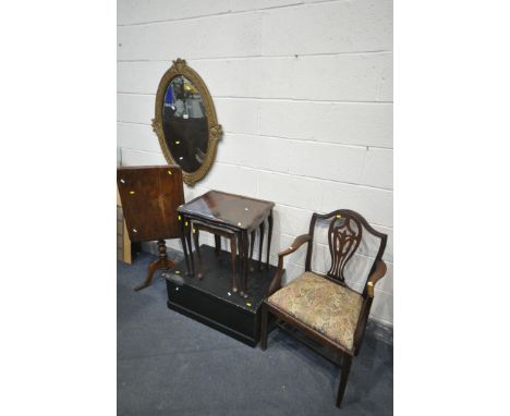 A FOLIATE GILT FRAMED OVAL WALL MIRROR, width 69cm x 92cm, a painted pine tool chest (damaged finish) a Georgian rectangular 