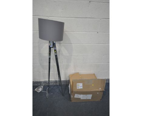A FIFTH AVENUE CHROME STANDARD LAMP, with grey shade, and a Flora Brown brassed standard lamp (2)