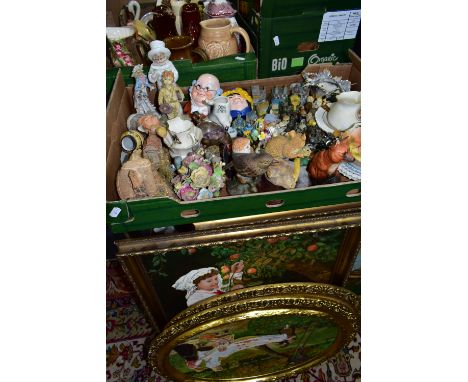 THREE BOXES AND LOOSE CERAMICS AND PICTURES, including two Lilliput Lane cottages, a West German green and brown vase, height