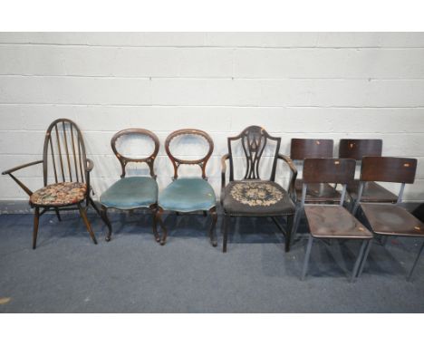 A SELECTION OF VARIOUS CHAIRS, to include an Ercol quacker back chair, two Victorian walnut balloon back chairs, a Georgian o