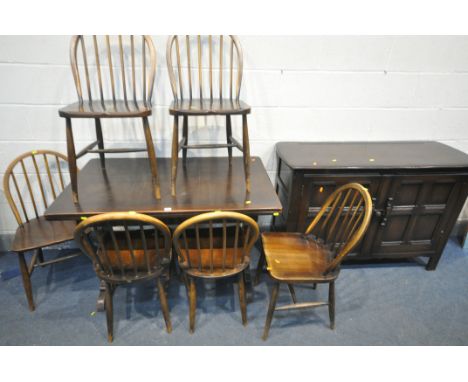 A 20TH CENTURY PRIORY OAK DINING SUITE, comprising an extending dining table, open length 174cm x closed length 114cm depth 7