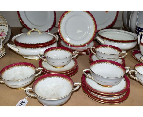 A THIRTY SIX PIECE PARAGON DINNER SERVICE, pattern number A3984, each piece having a maroon band with gilt feather-like desig