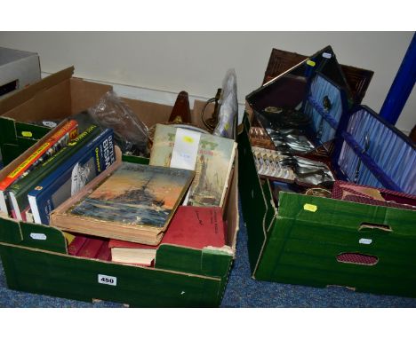 THREE BOXES OF BOOKS, METALWARE AND SUNDRIES, to include a set of twelve Collector's Library classic books, Dracula, Pride an