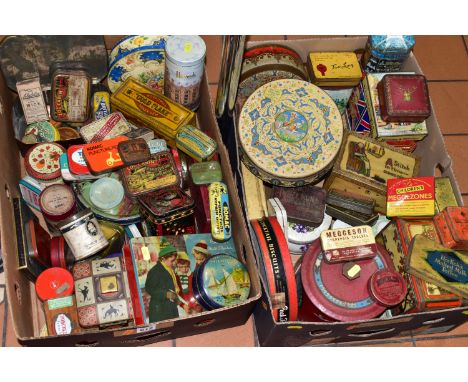 TWO BOXES OF VINTAGE TINS to include a collection of over sixty vintage biscuit, tobacco, toffee, tea and everyday item tins 