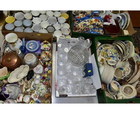 FIVE BOXES OF CERAMICS, GLASS AND SUNDRY ITEMS, to include twenty four pieces of Masons Regency dinner wares, a Denby Rondo c