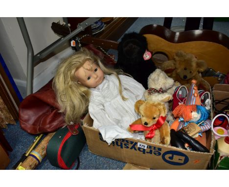 ONE BOX OF SOFT TOYS, LEATHER HOLDALL AND HIKING EQUIPMENT, to include a large brown leather Ashwood holdall, an unused John 