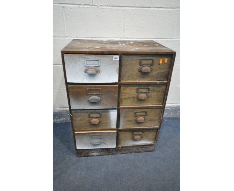 A VINTAGE WOODEN WORKSHOP CHEST OF EIGHT DRAWERS, width 66cm x depth 48cm x height 85cm (condition - ideal for restoration, i