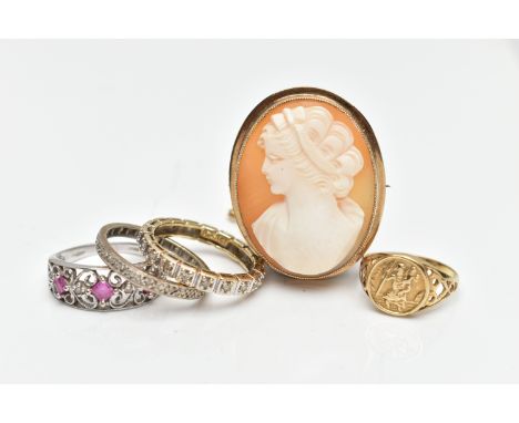 AN ASSORTMENT OF 9CT GOLD AND YELLOW METAL JEWELLERY, to include a 9ct yellow gold cameo brooch, of oval form set with a shel