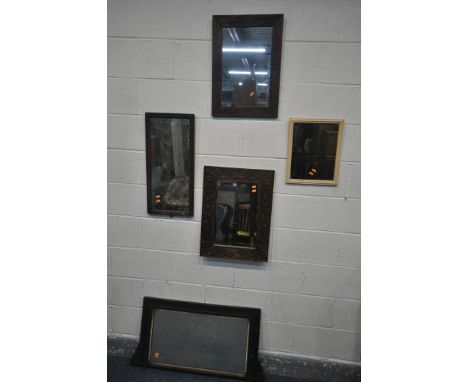 FIVE VARIOUS WALL MIIRRORS, to include a carved mahogany bevelled edge mirror, an overmantel mirror, etc (5)