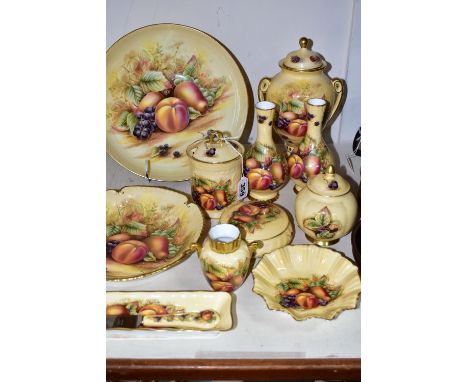 TWELVE PIECES OF AYNSLEY ORCHARD GOLD GIFTWARES ETC, to include a twin handled covered vase height 21.5cm, a smaller covered 