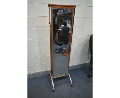 A MID CENTURY OAK HEAVY RECTANGULAR DOUBLE SIDED CHEVAL MIRROR, with chrome frame width 49cm x depth 60cm x height 137cm (con